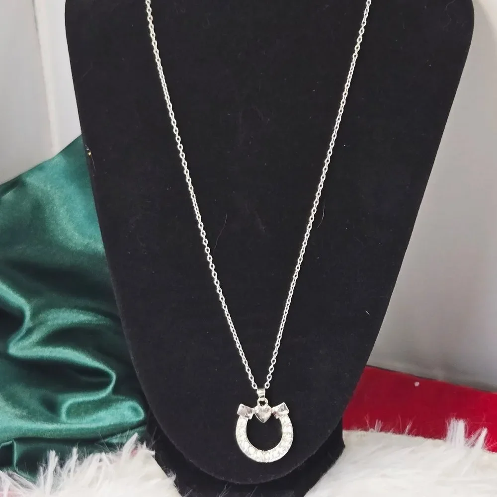 Silver Horseshoe Pendant Necklace Rhinestone Lucky Charm Equestrian Jewelry 20